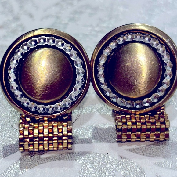 Vtg LARGE Gold Tone Sparkling Set Stones Mesh Wrap Cufflinks - Picture 1 of 5